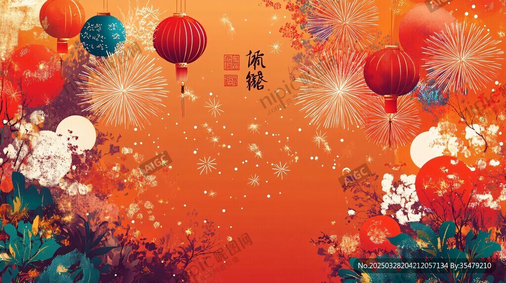 喜慶中國年煙花燈籠賀圖
