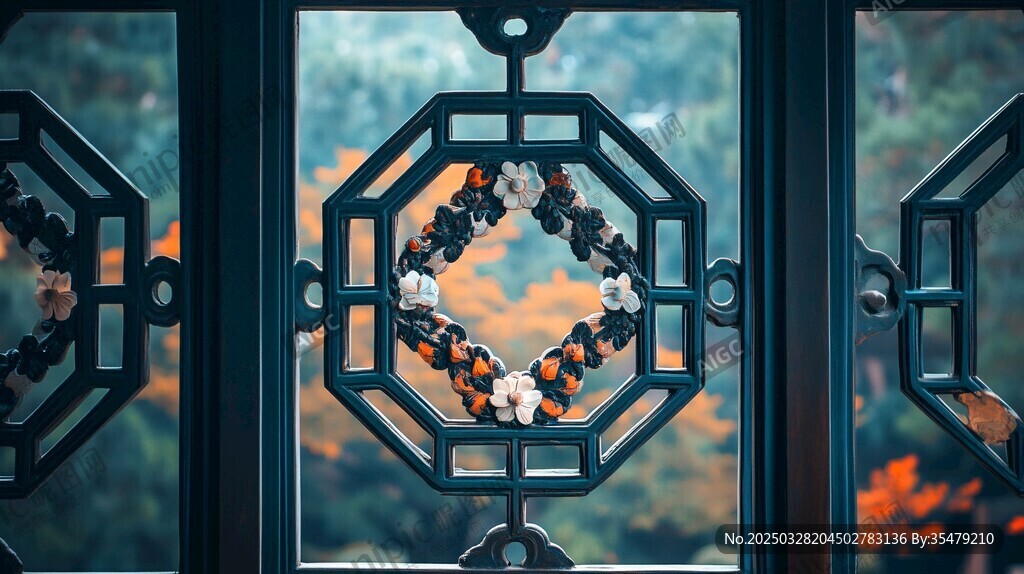 中式花窗映秋日美景