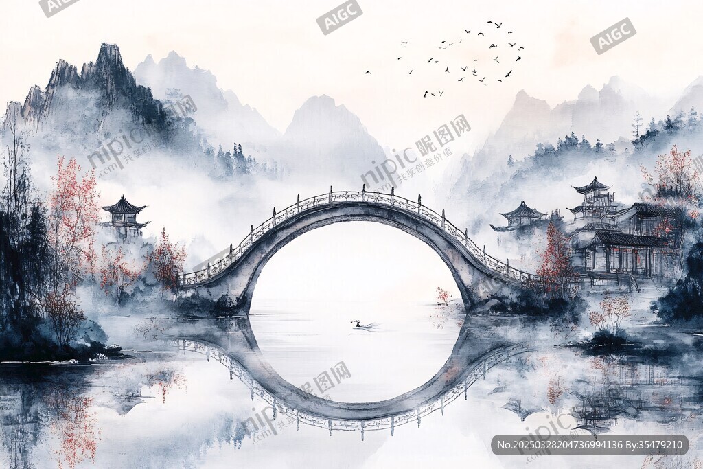 水墨江南拱橋山水詩意景