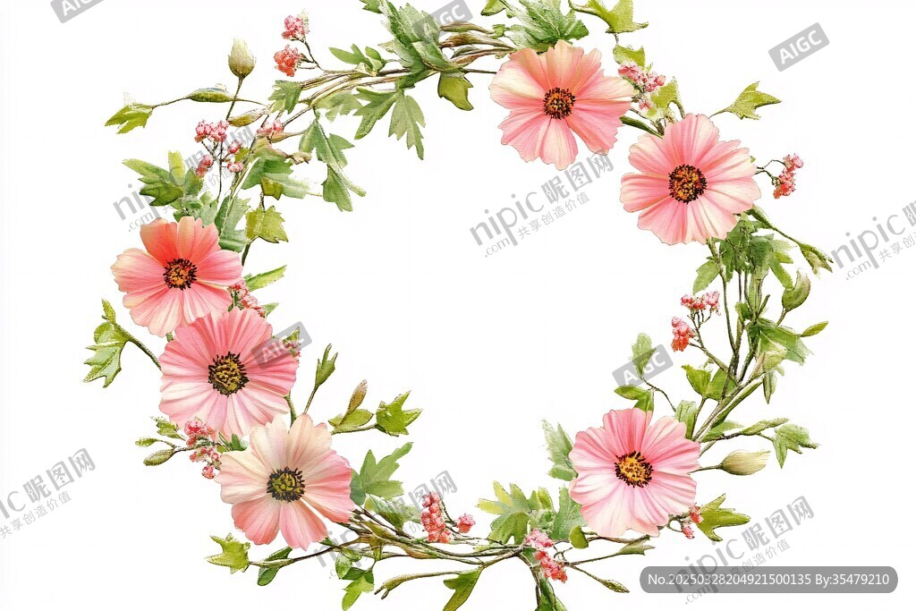 粉色花卉花環插畫