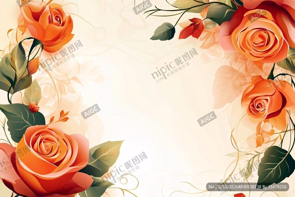 橙色玫瑰花卉邊框背景圖