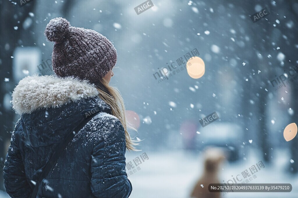 雪中獨行的女子與寵物狗