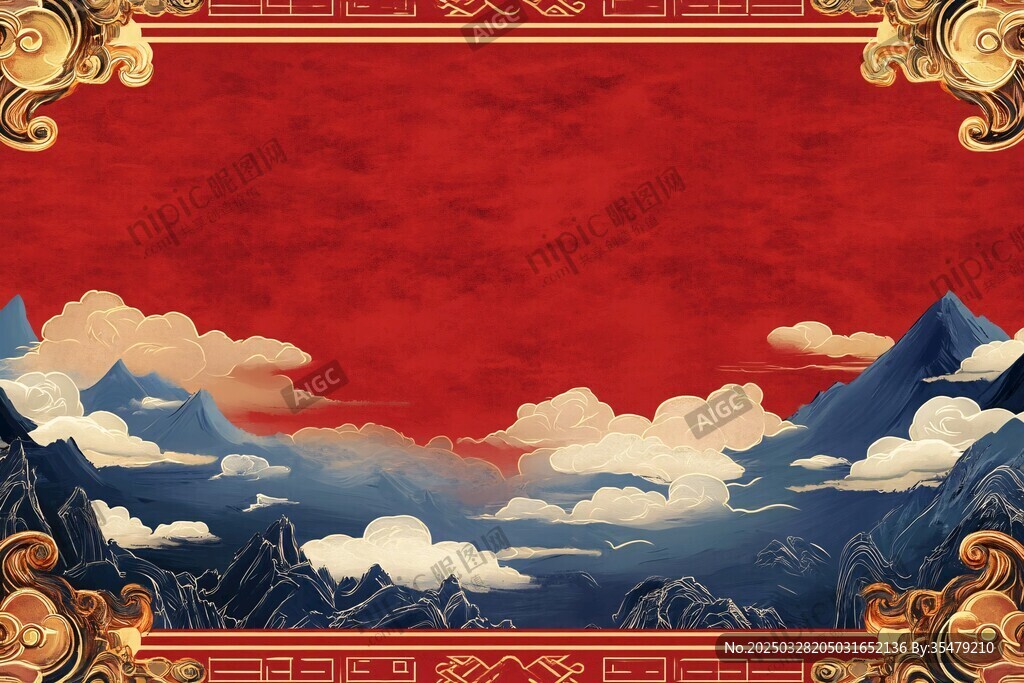 中式山水紅底國風背景圖