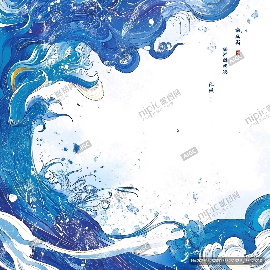 藍色國風海浪藝術(shù)插畫