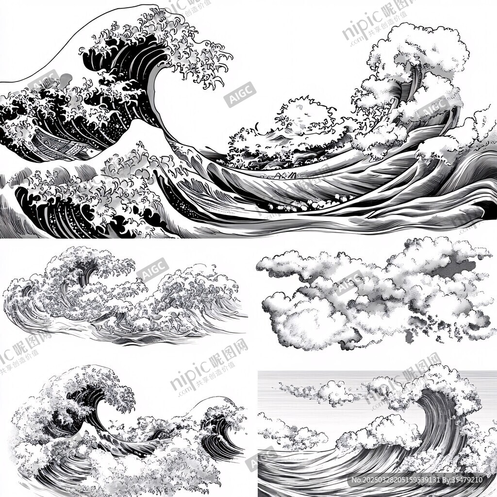 黑白海浪插畫集合