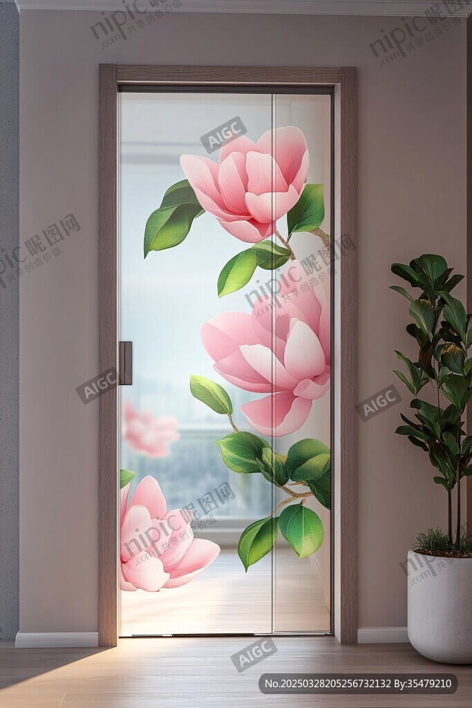 粉色玉蘭花玻璃門裝飾