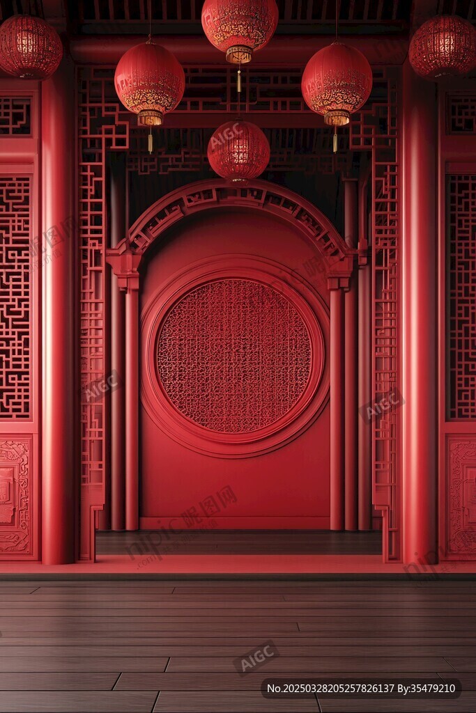 中式紅門燈籠古典場景