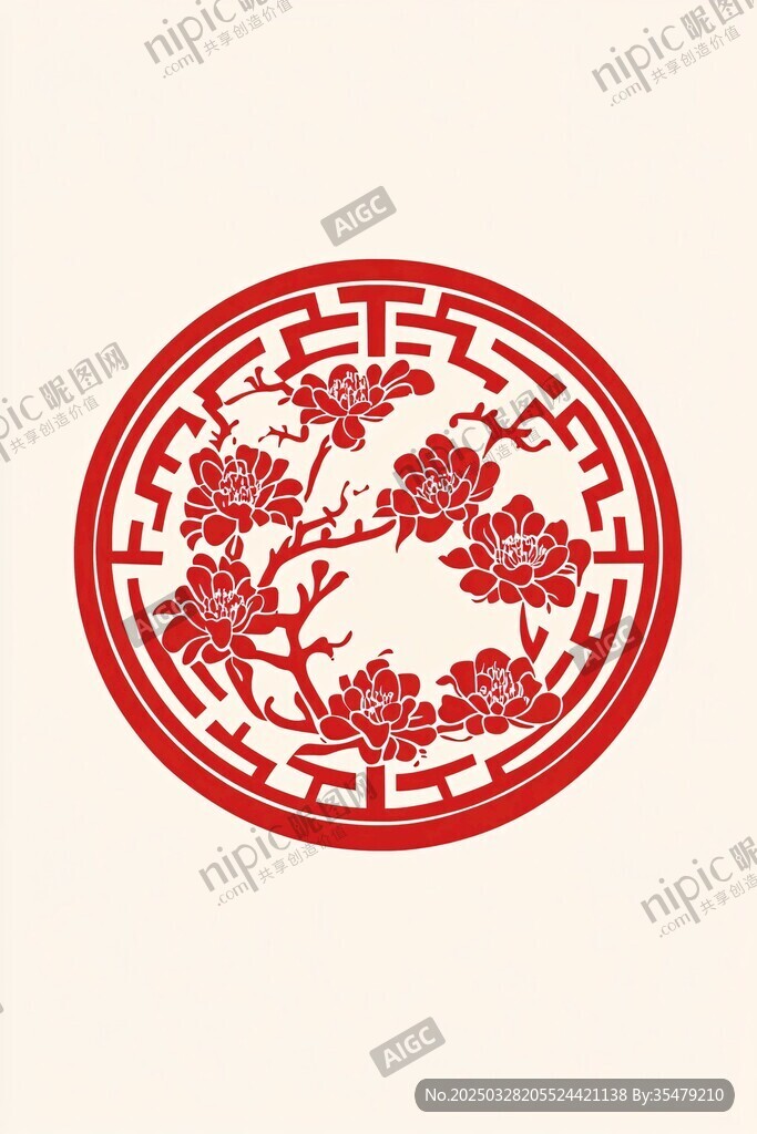 中式圓形花卉剪紙圖案