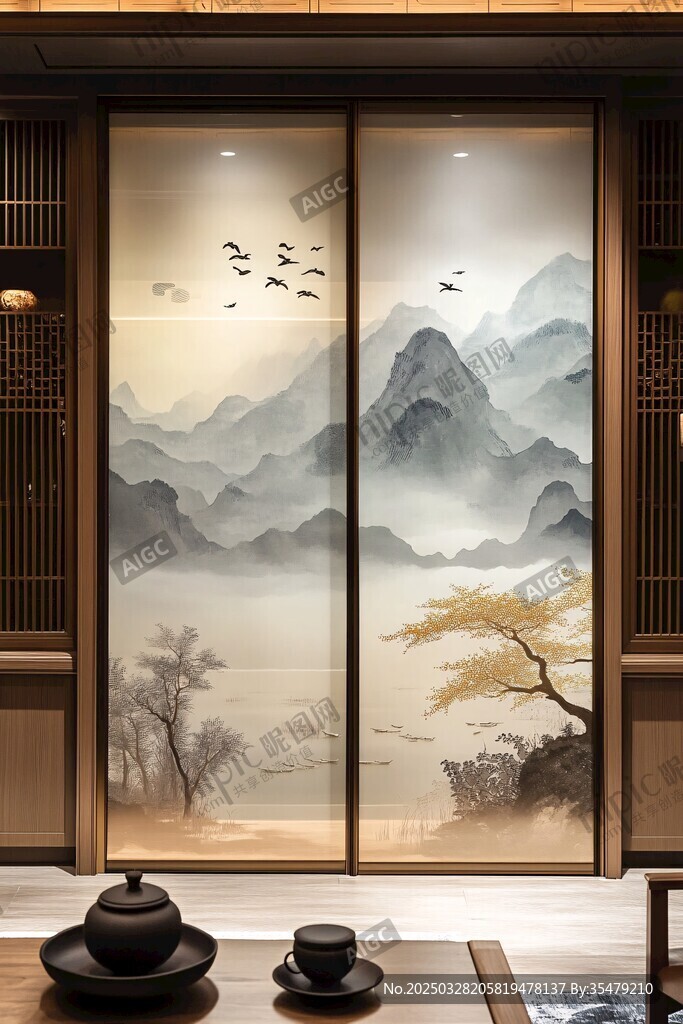 中式山水屏風(fēng) 雅致茶室景