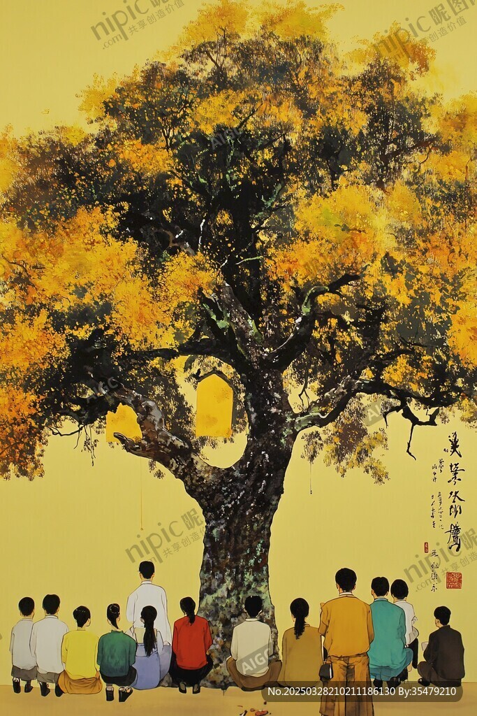 樹下眾人靜賞金色大樹