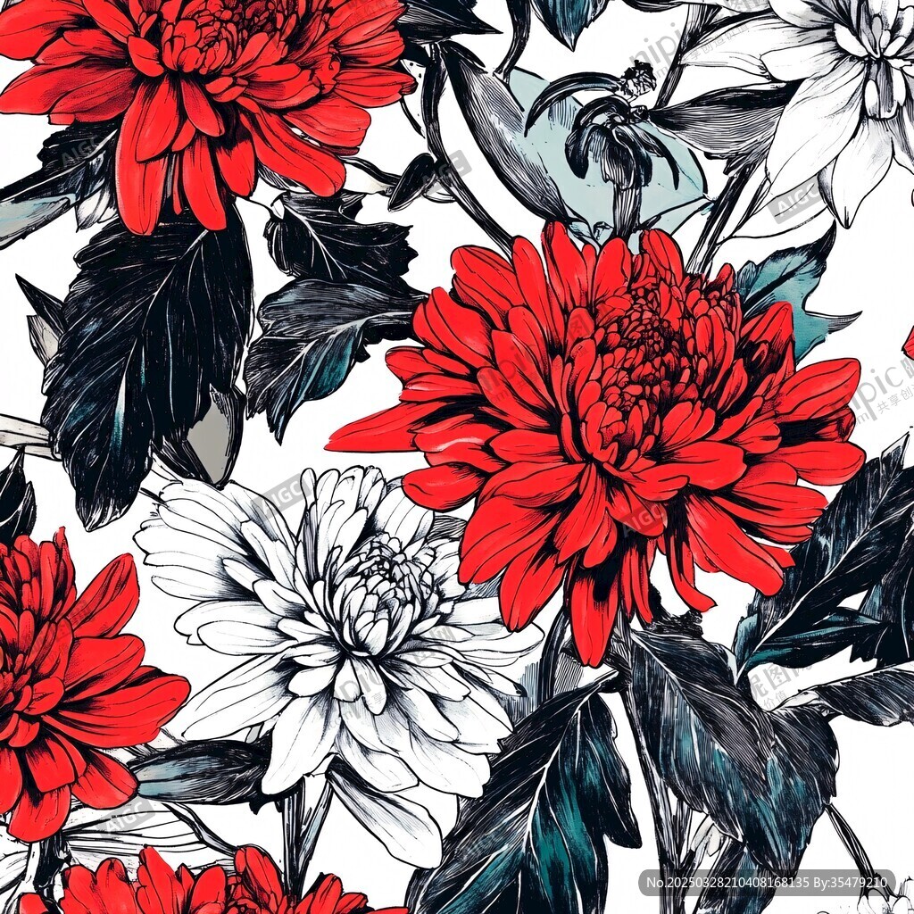 紅黑白菊花花卉圖案