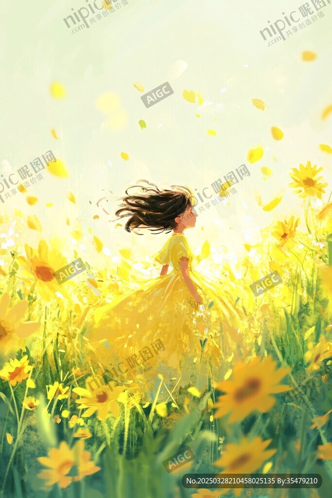 少女漫步金黃花海中