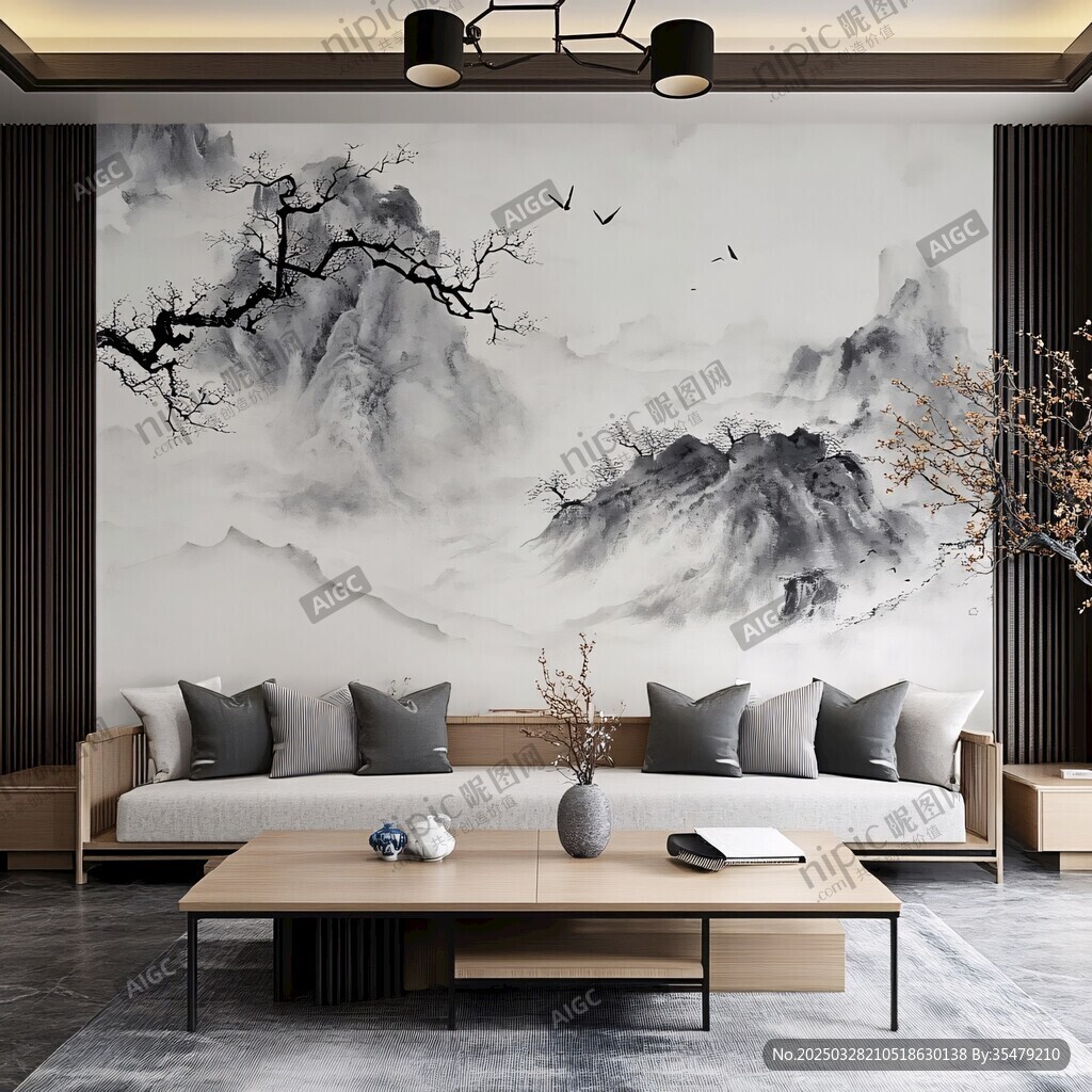 新中式客廳水墨山水背景墻