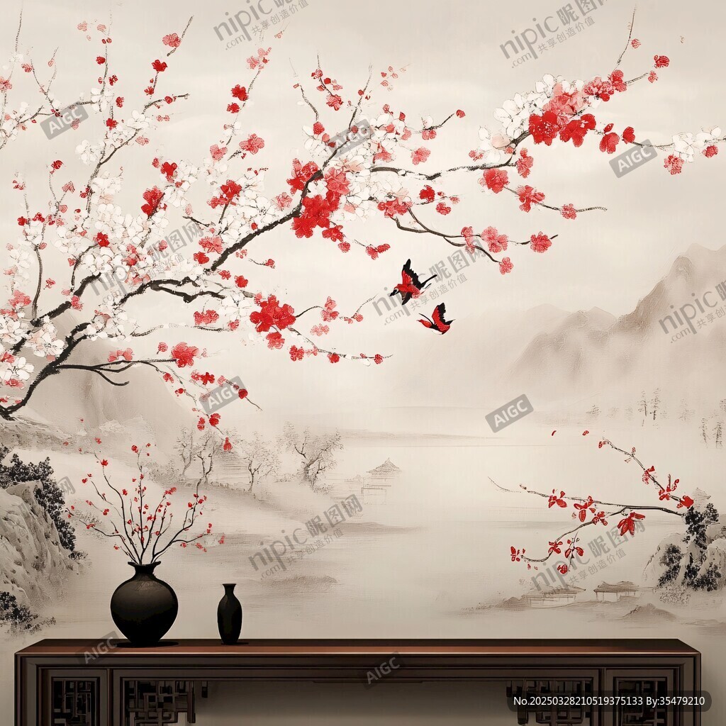 紅梅雙鵲中式雅致背景圖