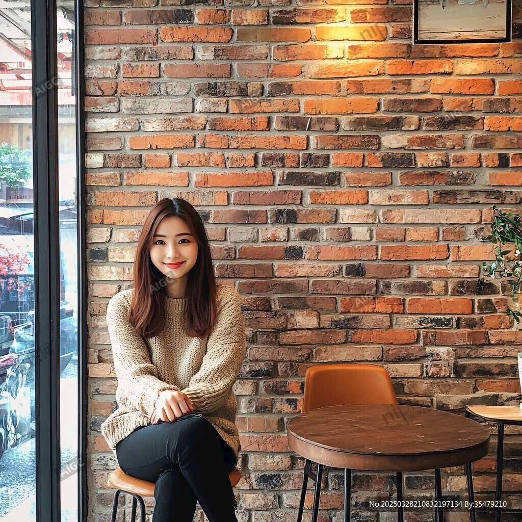 磚墻前靜坐的優(yōu)雅女子