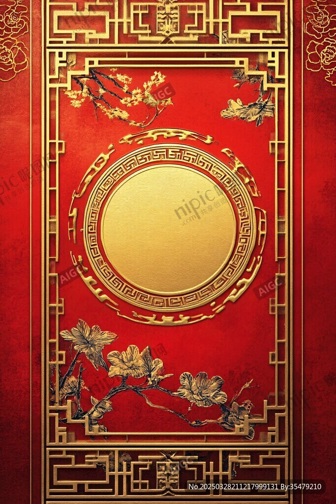 中式紅金古典花紋裝飾圖