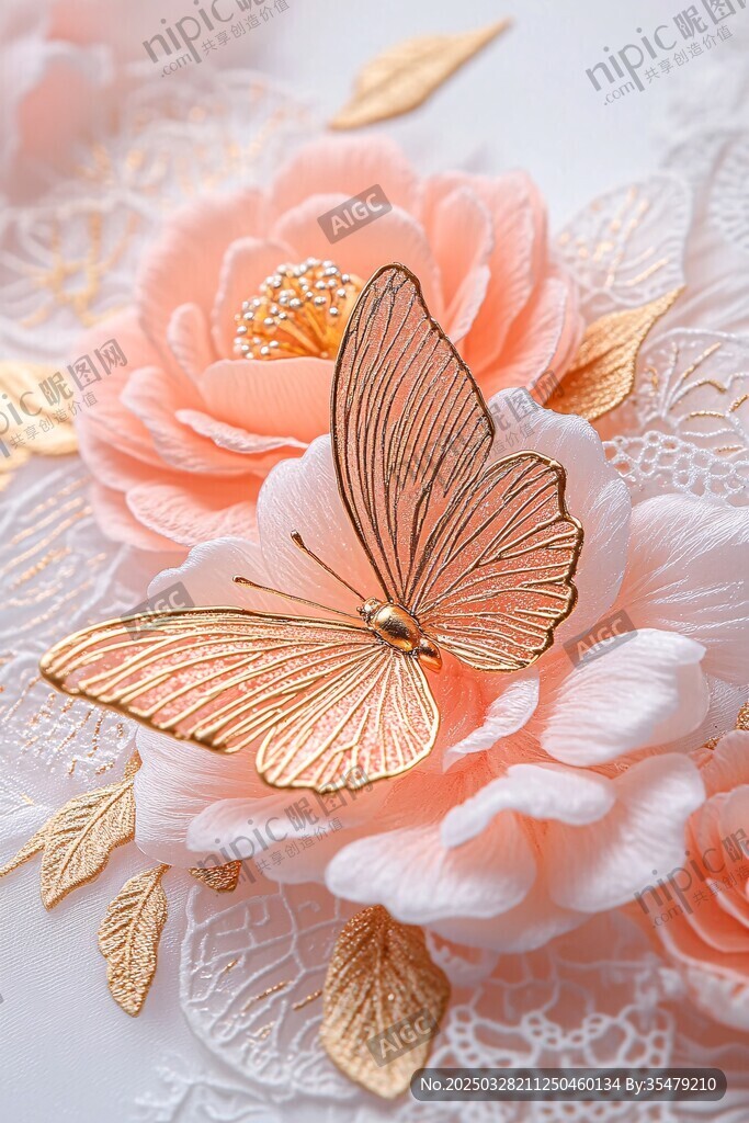 金蝶棲于柔美粉花之上
