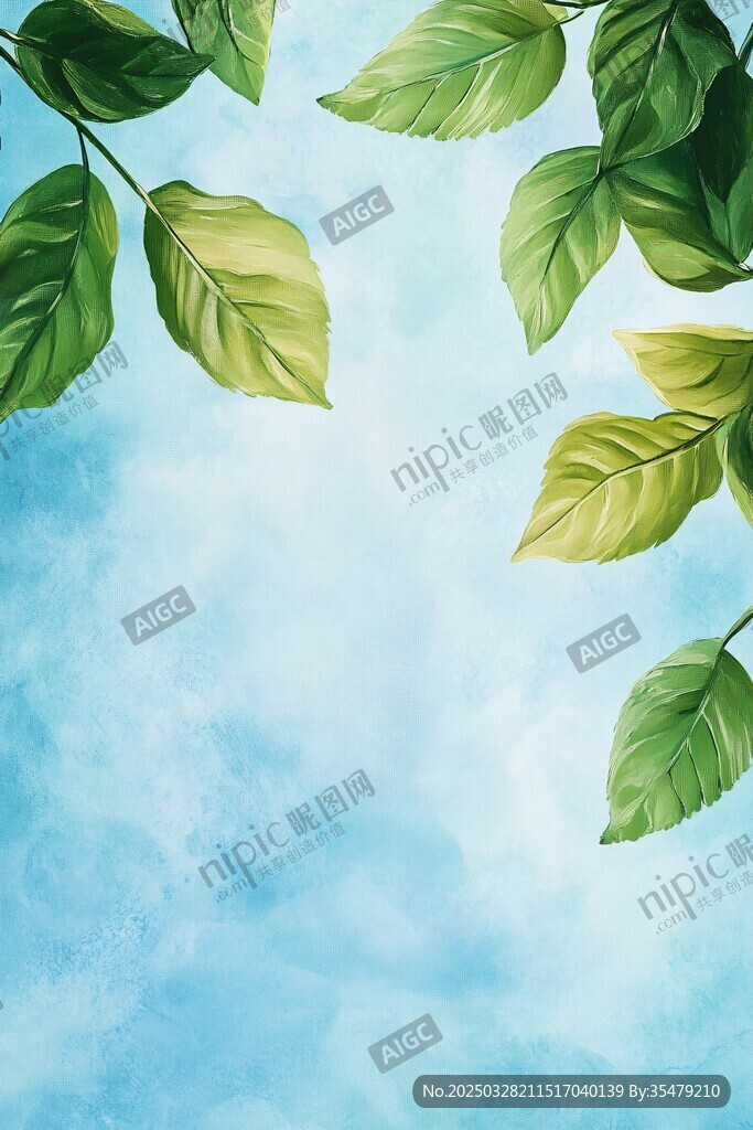 藍底綠葉水彩風背景圖