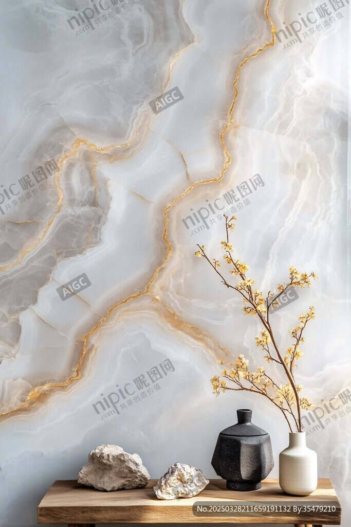 大理石背景墻前的雅致擺件
