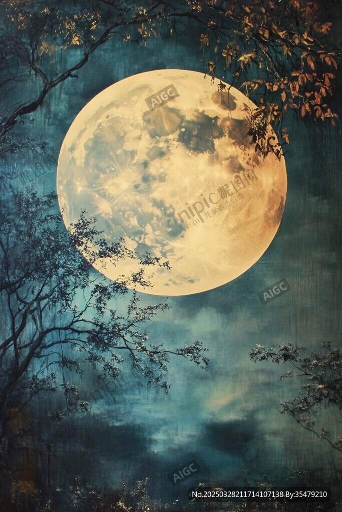 月夜樹影下的夢幻大圓月