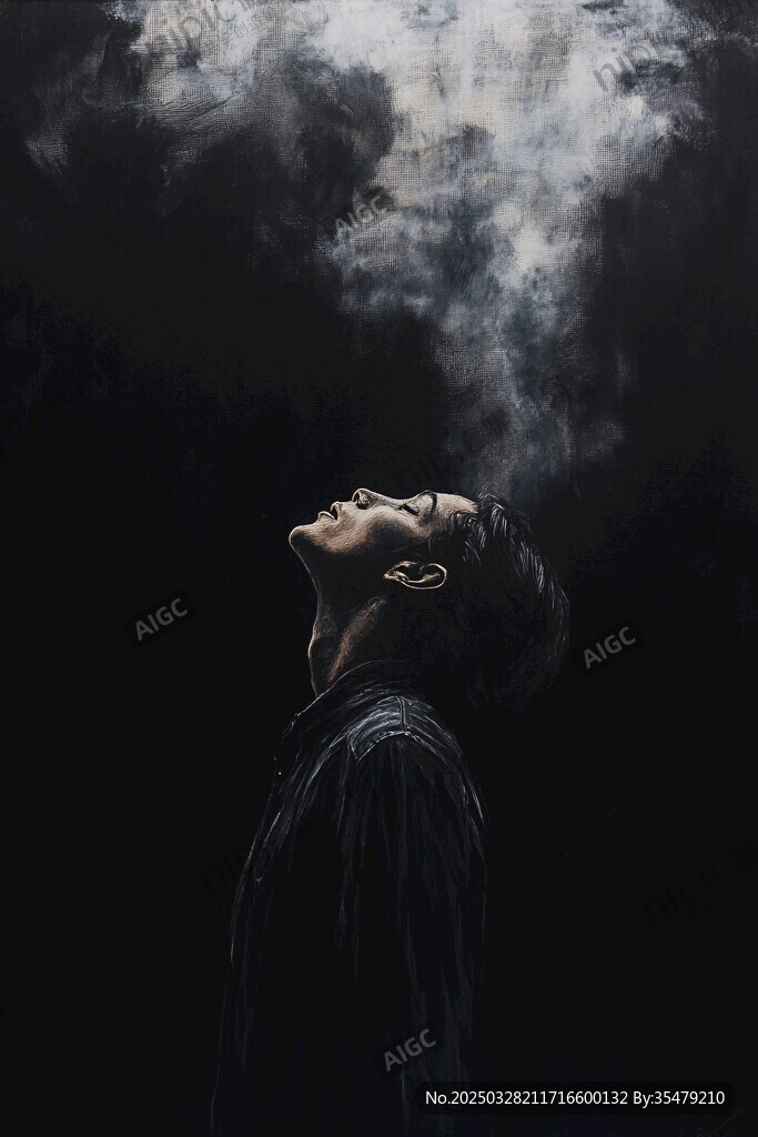 仰頭吐煙的男子