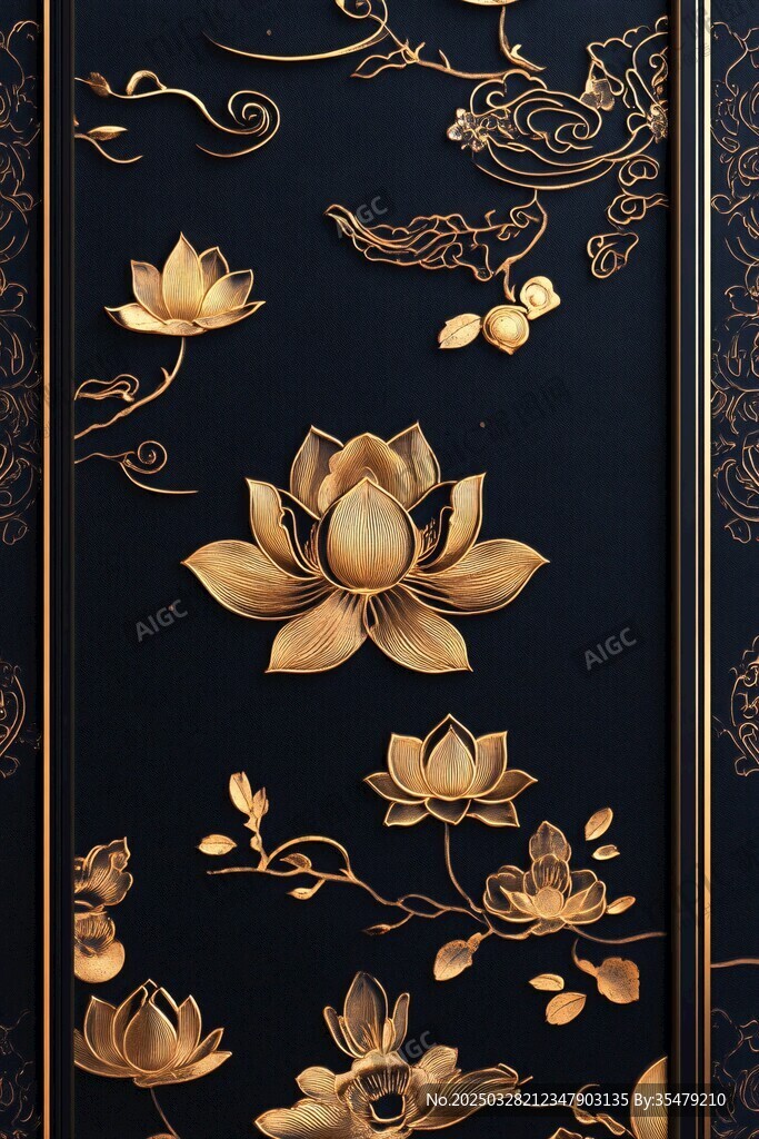 黑金浮雕蓮花中式裝飾圖案