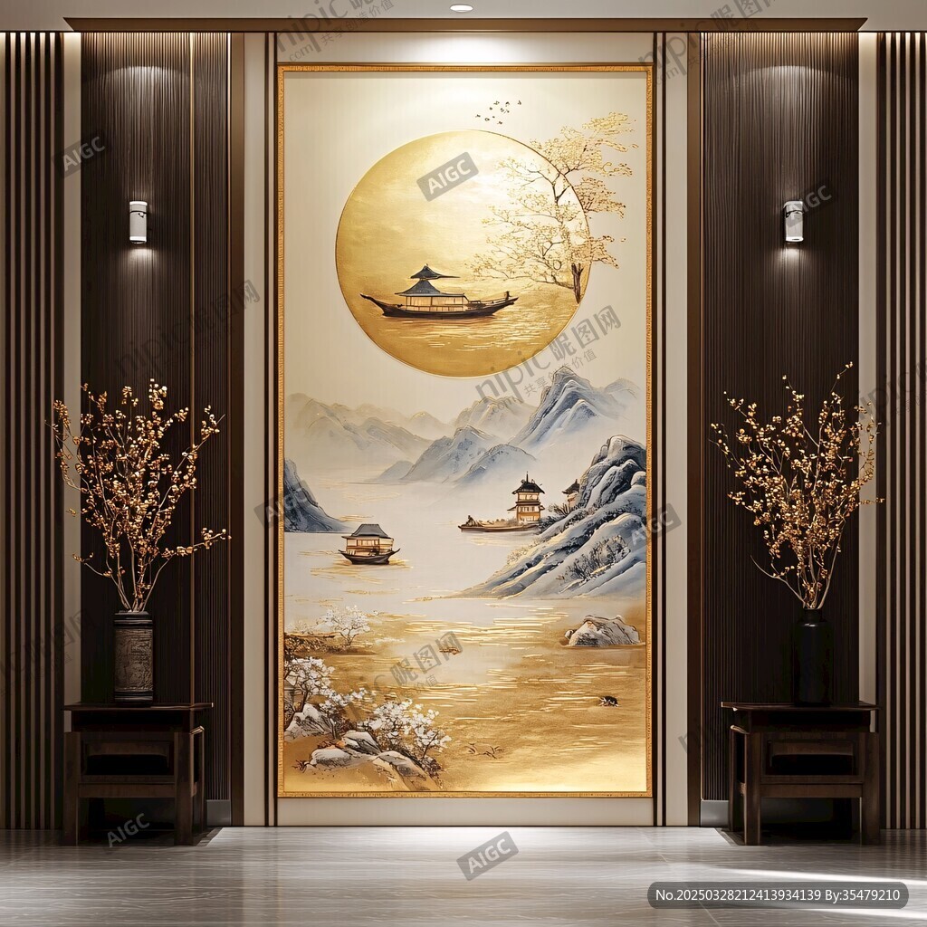 中式山水圓月玄關(guān)裝飾畫