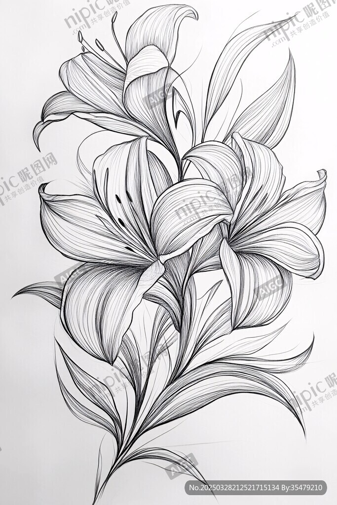 手繪黑白百合花插畫(huà)