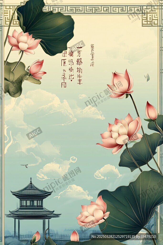 中式荷塘亭景古風插畫