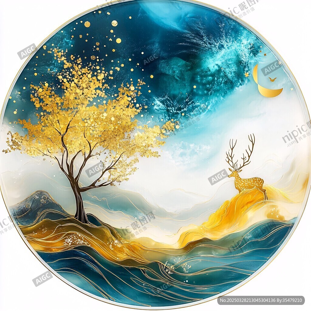 夢幻星空下的金樹與靈鹿