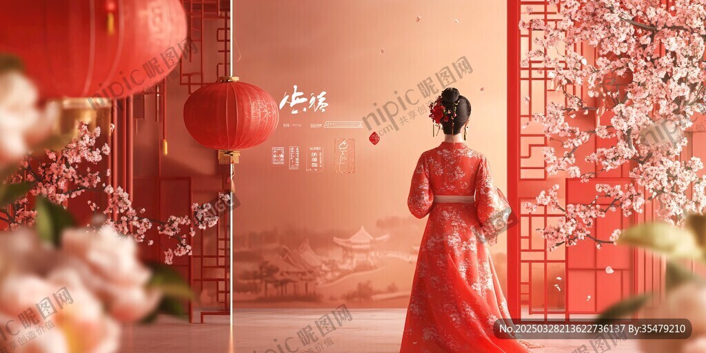 紅衣佳人于中式美景中