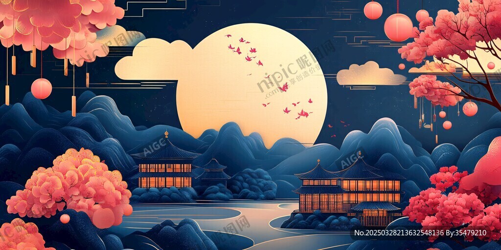 中秋月夜山水詩意美景