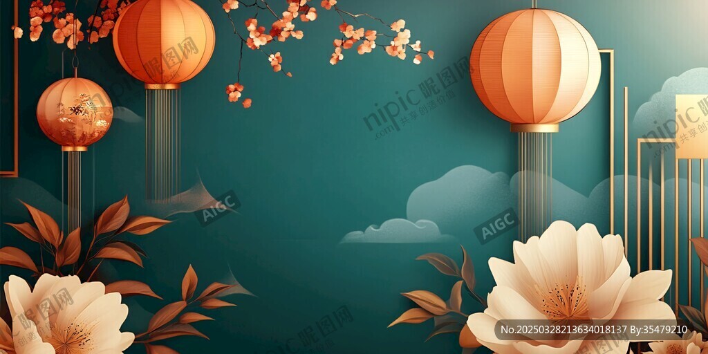中式燈籠花卉背景圖