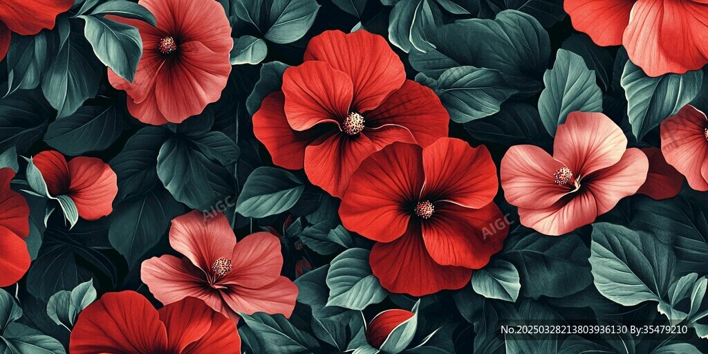 艷麗紅花朵與綠葉圖案
