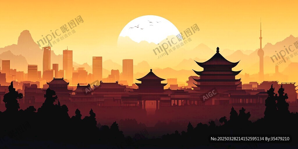 夕陽下的古今交融城市景觀