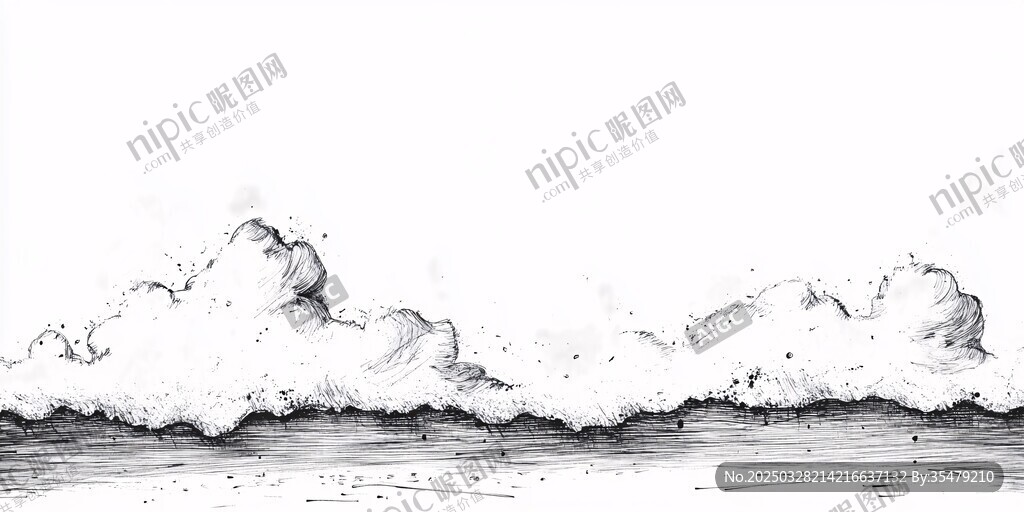 海浪翻涌黑白手繪場景