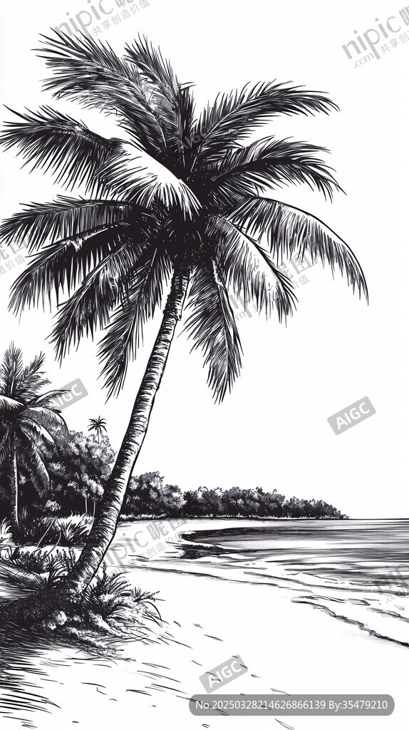 黑白椰樹海灘風(fēng)景圖