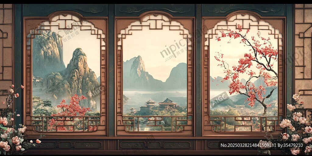中式窗景 山水繁花入畫來