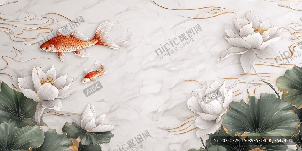 中式錦鯉荷花浮雕裝飾畫
