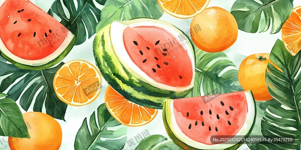 夏日水果與綠葉清新插畫