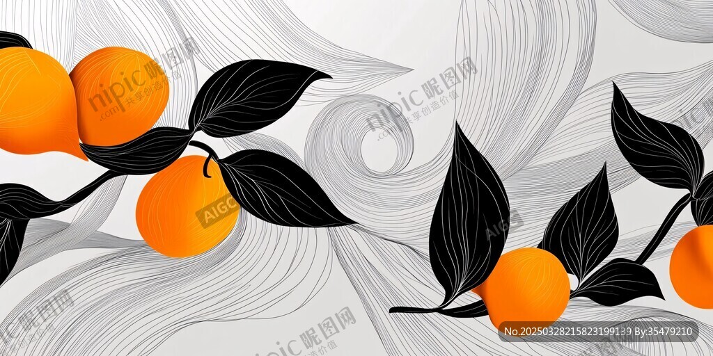 橙色果實(shí)與黑白葉裝飾畫