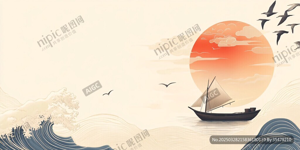 海上落日帆船飛鳥美景圖