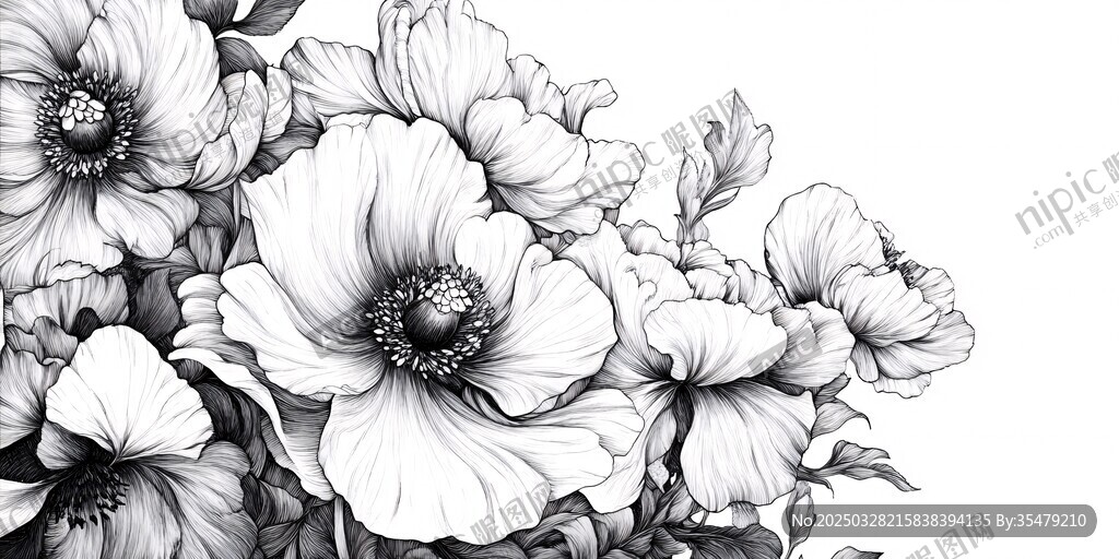 黑白花卉插畫 優(yōu)雅花朵