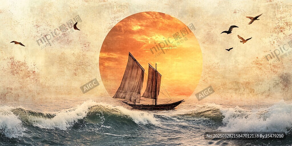 夕陽下的帆船與飛鳥