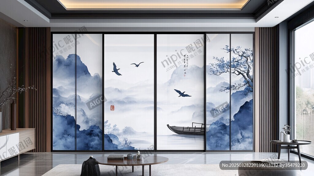 中式山水風(fēng)客廳移門裝飾