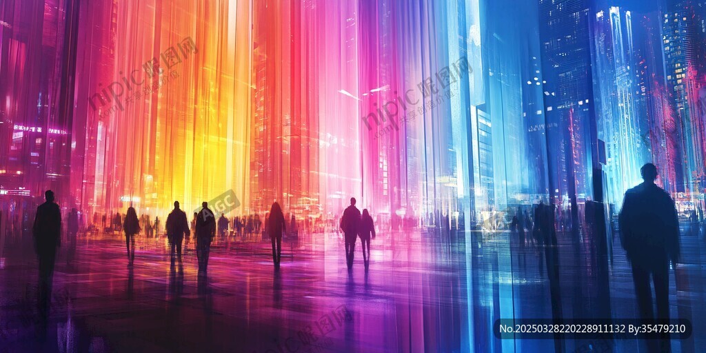 夢幻都市光影下的行人身影