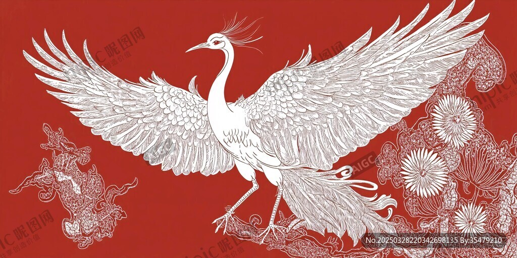 振翅白鳳凰于紅花間飛舞