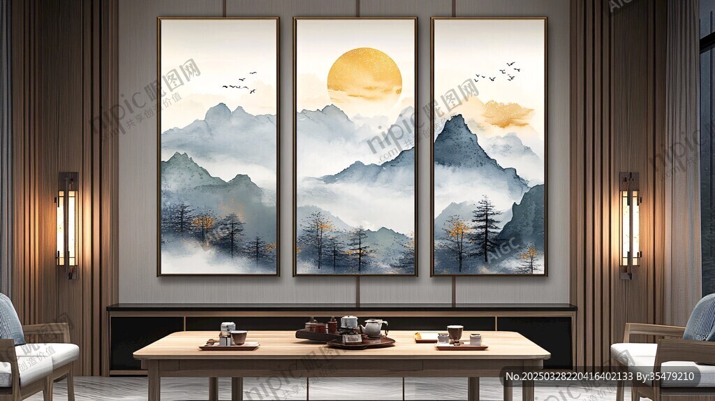 中式客廳三聯(lián)山水裝飾畫