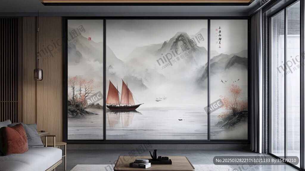 中式客廳的山水墨韻壁畫