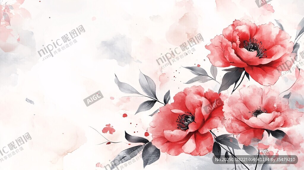 水彩紅牡丹花卉背景圖